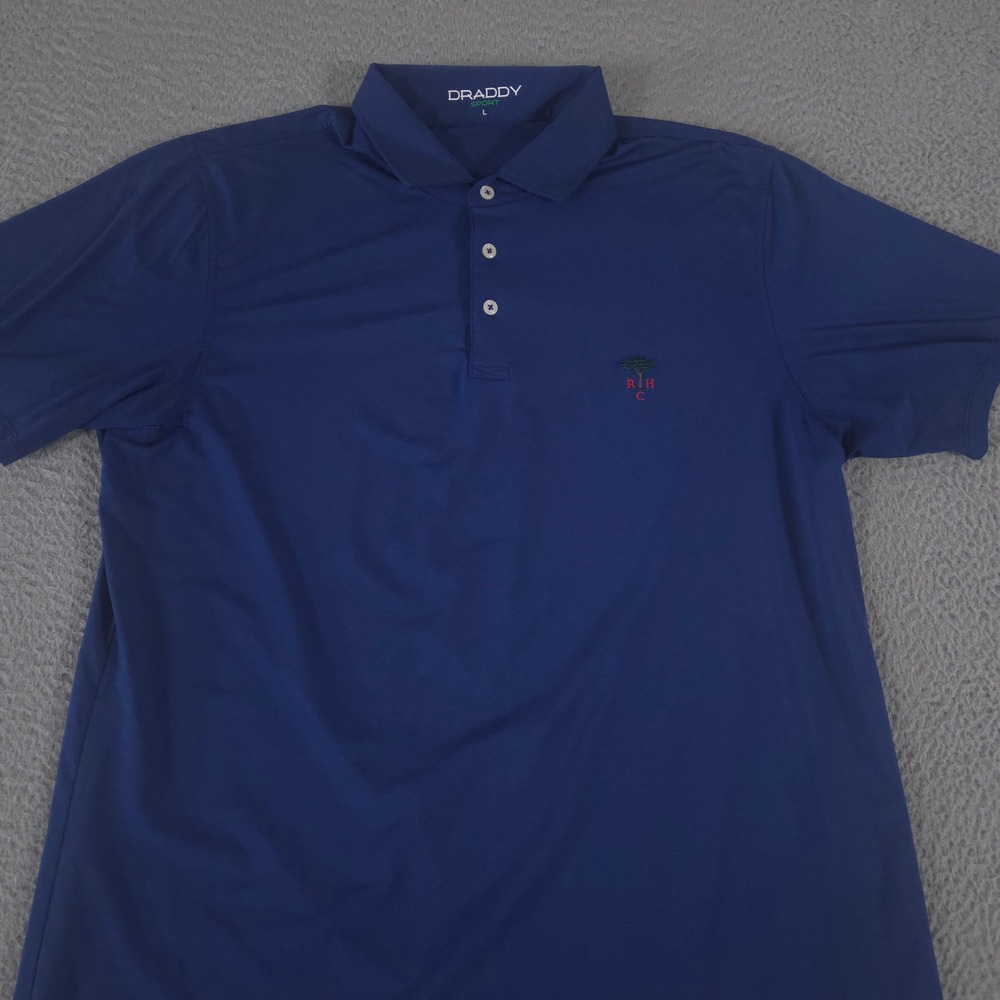 B. Draddy Polo Shirt Mens Large Blue Round Hill Club Logo Performance Stretch